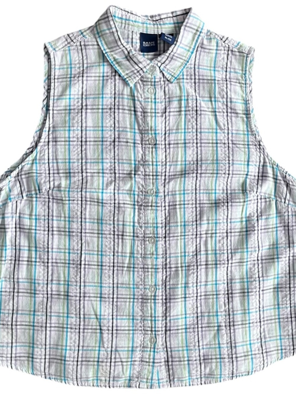 Basic Editions Sleeveless Plaid Button-Up Shirt - White/Blue